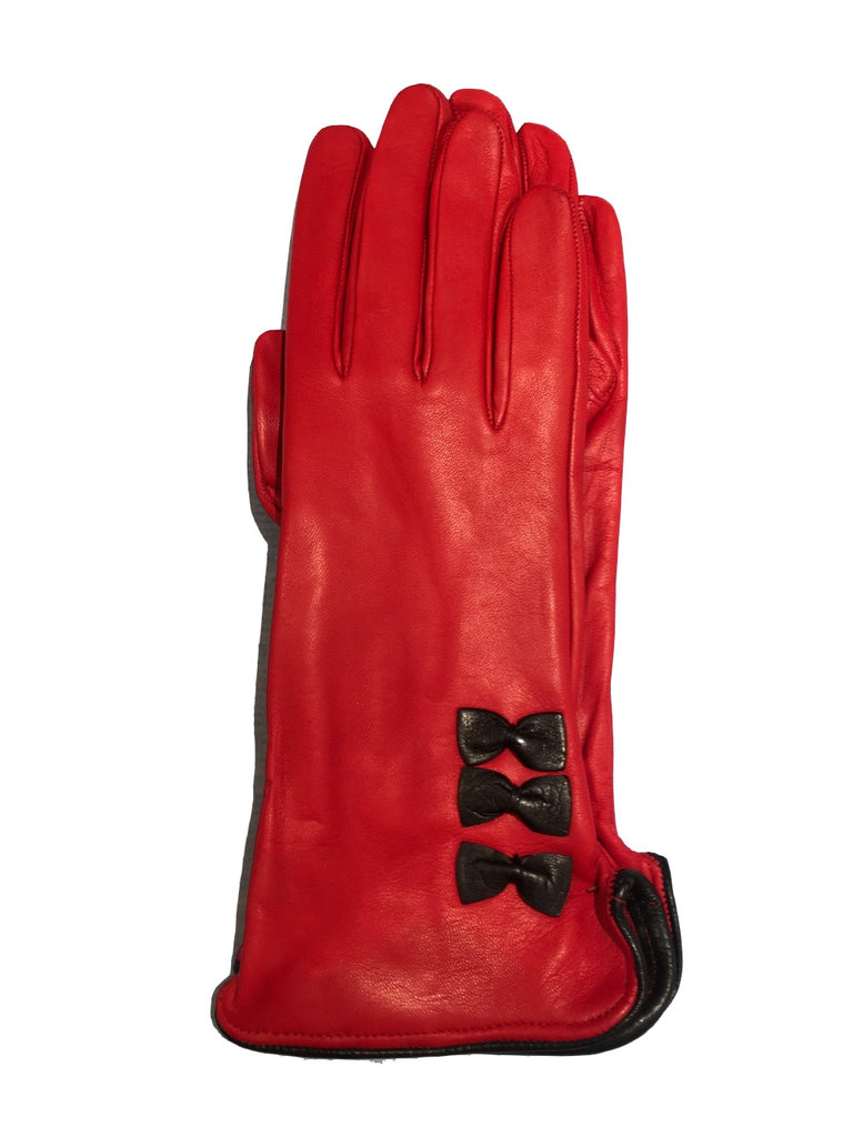 LIMITED EDITION, PERFORATED WOMEN FIRE ENGINE  RED LEATHER GLOVES WITH BOWS, SILK LINER, MADE IN ITALY -THUMB