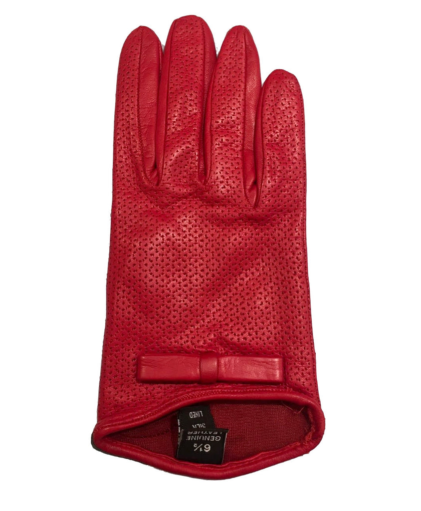 LIMITED EDITION, PERFORATED WOMEN OLD ROSE LEATHER GLOVES WITH BOWS, SILK LINER, MADE IN ITALY- TIE SHOP ROME THUMB