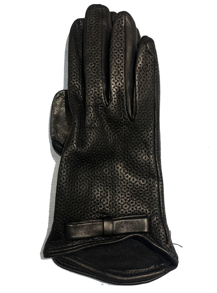 LIMITED EDITION, PERFORATED WOMEN BLACK LEATHER GLOVES WITH BOWS, SILK LINER, MADE IN ITALY THUMB