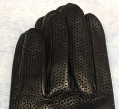 LIMITED EDITION, PERFORATED WOMEN BLACK LEATHER GLOVES WITH BOWS, SILK LINER, MADE IN ITALY FINGERS
