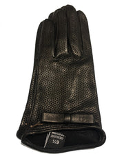 LIMITED EDITION, PERFORATED WOMEN BLACK LEATHER GLOVES WITH BOWS, SILK LINER, MADE IN ITALY PERSPECTIVE