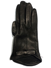 LIMITED EDITION, PERFORATED WOMEN BLACK LEATHER GLOVES WITH BOWS, SILK LINER, MADE IN ITALY THUMB
