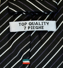 BLACK, BUD GREY SPINDLE GREY AND WHITE STRIPES SEVEN FOLDS SILK LIMITED EDITION NECKTIE, REGIMENTAL, BASKET FABRIC WEAVE DETAILS