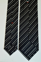 BLACK, BUD GREY SPINDLE GREY AND WHITE STRIPES SEVEN FOLDS SILK LIMITED EDITION NECKTIE, REGIMENTAL, BASKET FABRIC WEAVE FULL