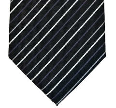 BLACK, BUD GREY SPINDLE GREY AND WHITE STRIPES SEVEN FOLDS SILK LIMITED EDITION NECKTIE, REGIMENTAL, BASKET FABRIC WEAVE THUMB