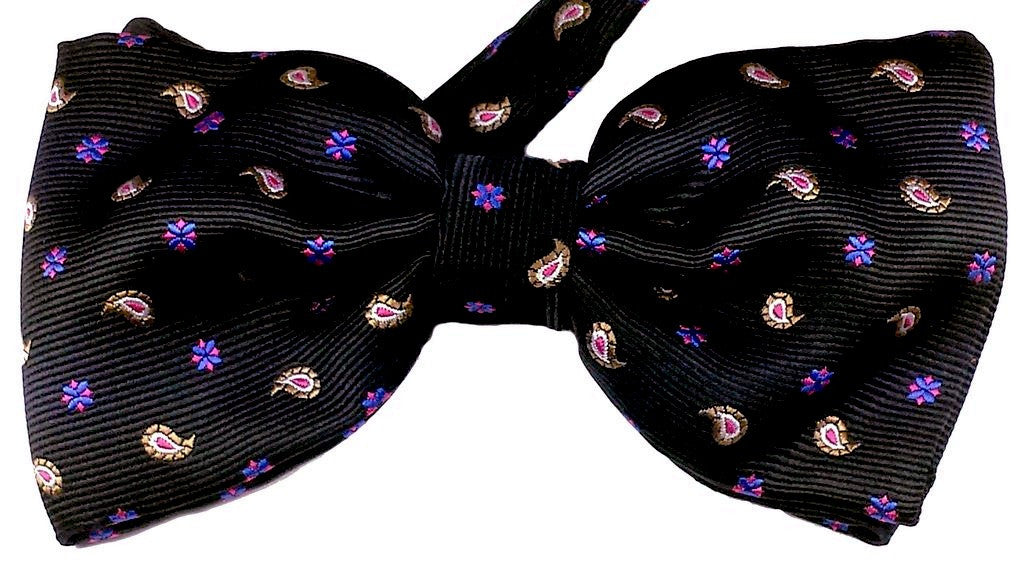 BLACK,  BLUE, PURPLE AND OFF WHITE PAISLEYS & MICROPATTERNS,  SILK  CRAVATTA PAPILLON NEAR IN SETA, FANTASIE BLU, VIOLA E BIANCHE - TIESHOPROME