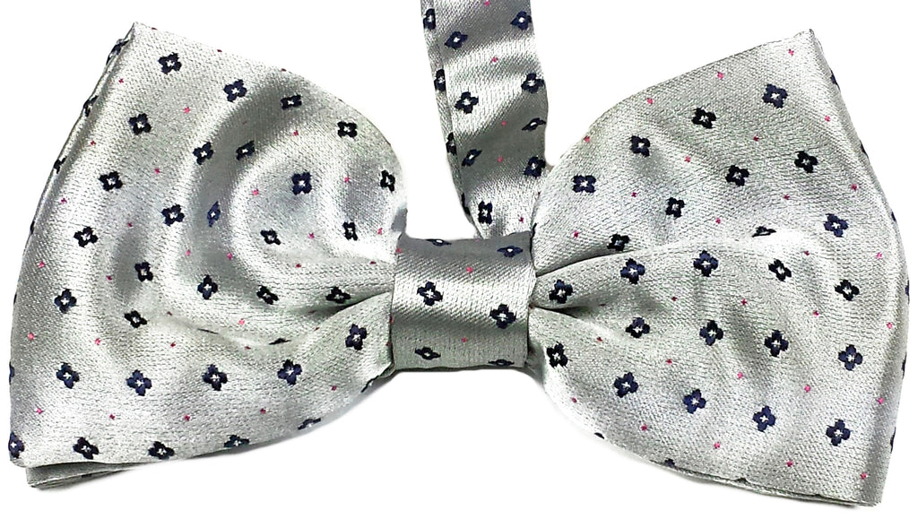 SILVER GREY, BLUE MICROPATTERNS, READY-TIED, SILK BOWTIE - CARVATTA PAPILLON IN SETA ARGENTO-GRIGIO, FANTASIE BLU - TIESHOPROME