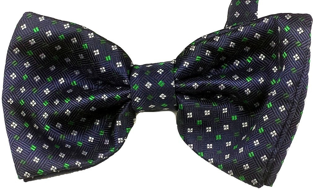 NAVI BLUE, BLUE, WHITE AND GREEN MICROPATTERNS, READY-TIED SILK BOWTIE - CRAVATTA PAPILLON IN SETA BLU NAVY FANTASIE BIANCHE, CELESTE, VERDE - TIESHOPROMA