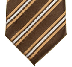 BRACKEN BROWN, PORSCHE GOLD, AND WHITE STRIPES, SEVEN FOLDS SILK LIMITED EDITION NECKTIE, REGIMENTAL, RIBBED FABRIC WEAVE