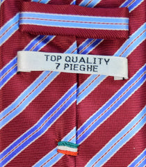 BRIGHT RED, NEON BLUE, MAYA BLUE AND WHITE STRIPES, SEVEN FOLDS SILK LIMITED EDITION NECKTIE, REGIMENTAL, RIBBED FABRIC WEAVE 