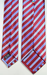 BRIGHT RED, NEON BLUE, MAYA BLUE AND WHITE STRIPES, SEVEN FOLDS SILK LIMITED EDITION NECKTIE, REGIMENTAL, RIBBED FABRIC WEAVE 