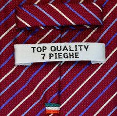 BURGUNDY, LIGHT AND DARK SLATE BLUE AND WHITE STRIPES SEVEN FOLDS SILK LIMITED EDITION NECKTIE, REGIMENTAL, BASKET FABRIC WEAVE -TIE SHOP ROME DETAILS