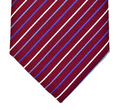 BURGUNDY, LIGHT AND DARK SLATE BLUE AND WHITE STRIPES SEVEN FOLDS SILK LIMITED EDITION NECKTIE, REGIMENTAL, BASKET FABRIC WEAVE -TIE SHOP ROME THUMB