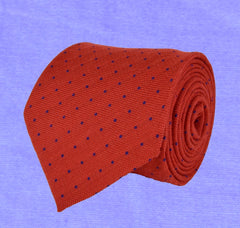 CINNABAR, CHRYSTALLE,, PIN-DOTS WOOL LIMITED EDITION NECKTIE HANDMADE IN ITALY - CRAVATTA IN LANA A POIS, CINNABAR E BLU CRISTALLO, FABRICATA A MANO IN ITALIA EDIZIONE LIMITATA- TIESHOPROME