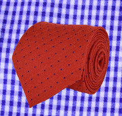CINNABAR, CHRYSTALLE,, PIN-DOTS WOOL LIMITED EDITION NECKTIE HANDMADE IN ITALY - CRAVATTA IN LANA A POIS, CINNABAR E BLU CRISTALLO, FABRICATA A MANO IN ITALIA EDIZIONE LIMITATA- TIESHOPROME