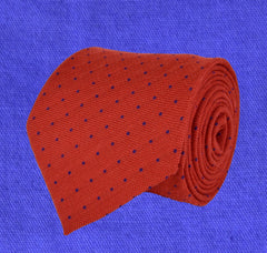 CINNABAR, CHRYSTALLE,, PIN-DOTS WOOL LIMITED EDITION NECKTIE HANDMADE IN ITALY - CRAVATTA IN LANA A POIS, CINNABAR E BLU CRISTALLO, FABRICATA A MANO IN ITALIA EDIZIONE LIMITATA- TIESHOPROME