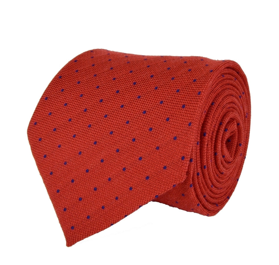 CINNABAR, CHRYSTALLE,, PIN-DOTS WOOL LIMITED EDITION NECKTIE HANDMADE IN ITALY - CRAVATTA IN LANA A POIS, CINNABAR E BLU CRISTALLO, FABRICATA A MANO IN ITALIA EDIZIONE LIMITATA- TIESHOPROME