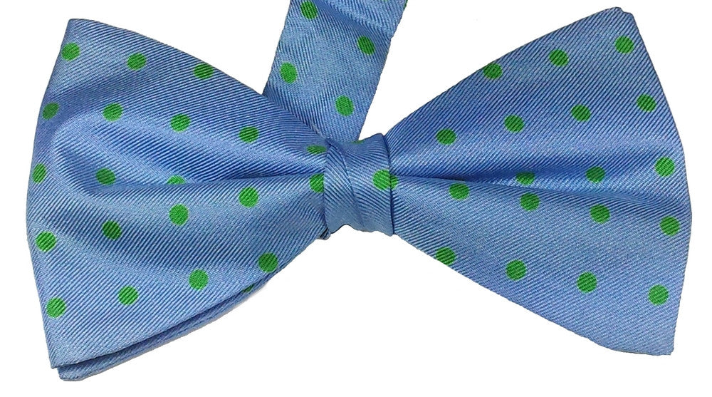 DANUBE BLUE, SEA GREEN, POLKA DOTS, TWILL, READY_MADE SILK BOWTIE - CRAVATTA PAPILLON IN SETA, POIS GRANDI, AZZURRO DANUBIO, VERDE MARE 