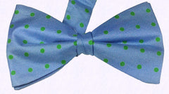 DANUBE BLUE, SEA GREEN, POLKA DOTS, TWILL, READY_MADE SILK BOWTIE - CRAVATTA PAPILLON IN SETA, POIS GRANDI, AZZURRO DANUBIO, VERDE MARE 