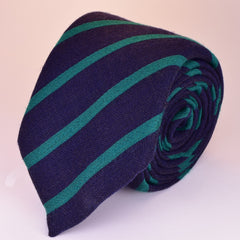 HAITI-BLUE, CANDY CANE, PARADISO GREEN STRIPES, WOOL NECKTIE HANDMADE IN ITALY BASKEWEAVE FABRIC - CRAVATTA IN LANA FATTA A MANO IN ITALIABLU HAITI, A STRISCE DIAGONALI VERDE PARADISO, FINITURA A CANESTRO - TIE SHOP ROMA