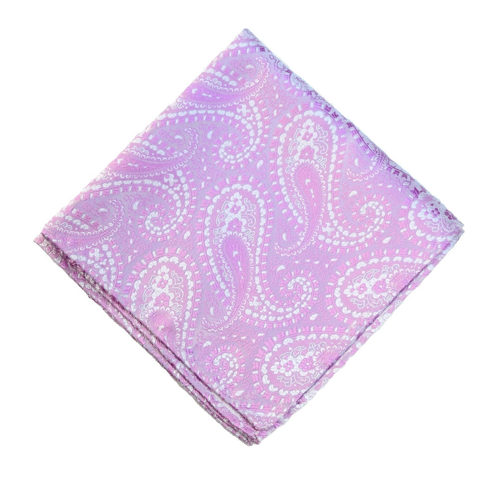 PERFUME PINK POCKET SQUARE MADE IN SILK, WHITE AND PINK PAISLEY PATTERNS, JACQUARD FABRIC - TIESHOPROME