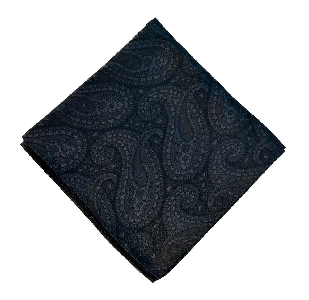 MATTE BLACK POCKET SQUARE MADE IN SILK, BLACK PAISLEY PATTERNS, JACQUARD FABRIC - TIESHOPROME