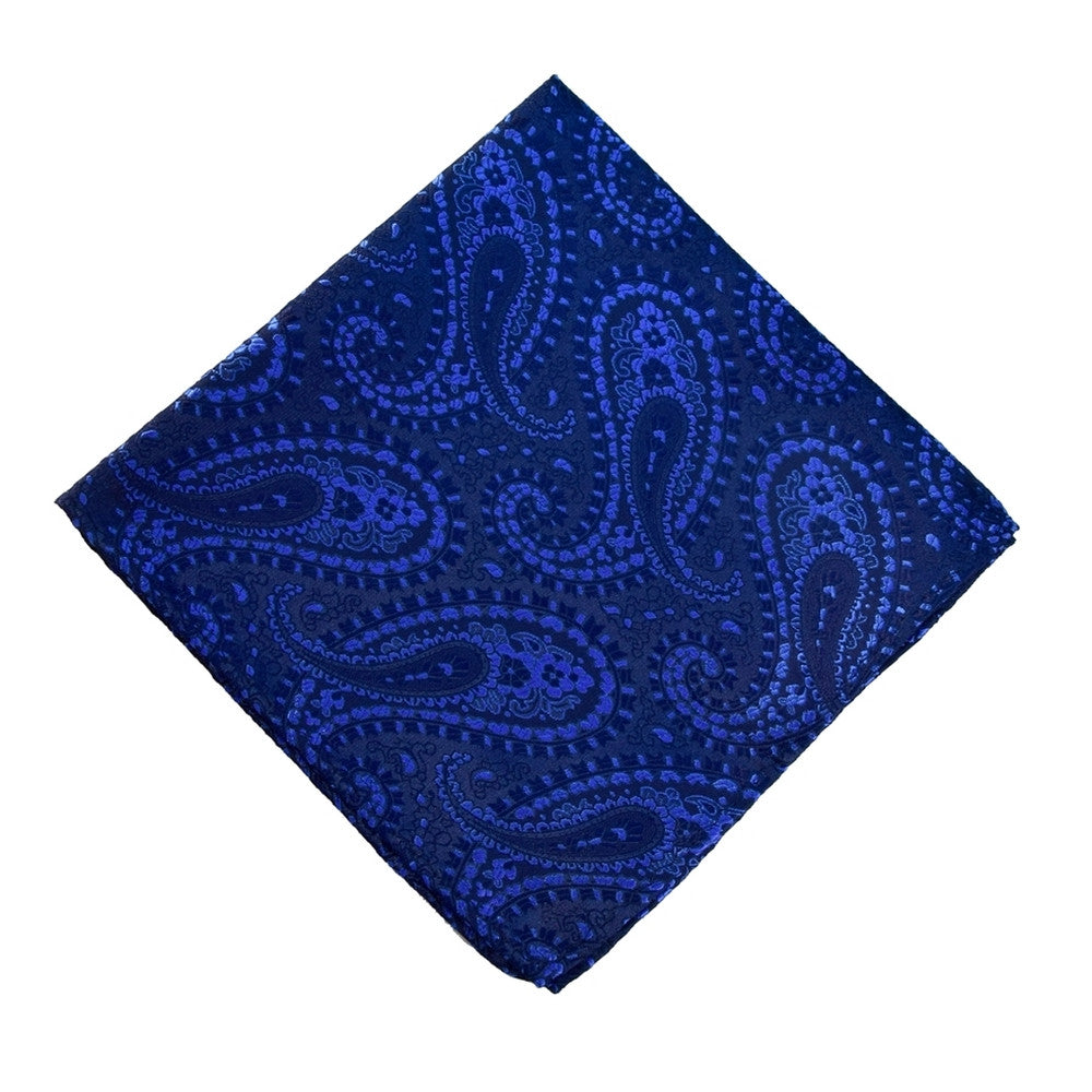 SAPPHIRE BLUE POCKET SQUARE MADE IN SILK, DARK BLUE AND LIGHT BLUE PAISLEY PATTERNS, JACQUARD FABRIC - TIESHOPROME