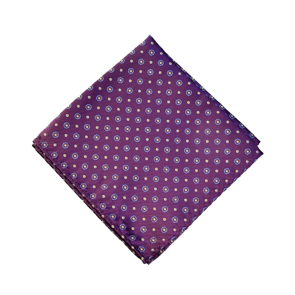 PALATINATE PURPLE POCKET SQUARE MADE IN SILK, YELLOW, RED, AND LIGHT BLUE FLOWER PATTERNS, TWILL FABRIC - TIESHOPROME