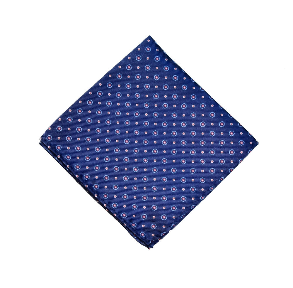 NAVY BLUE POCKET SQUARE MADE IN SILK, YELLOW, RED, AND LIGHT BLUE FLOWER PATTERNS, TWILL FABRIC - TIESHOPROME