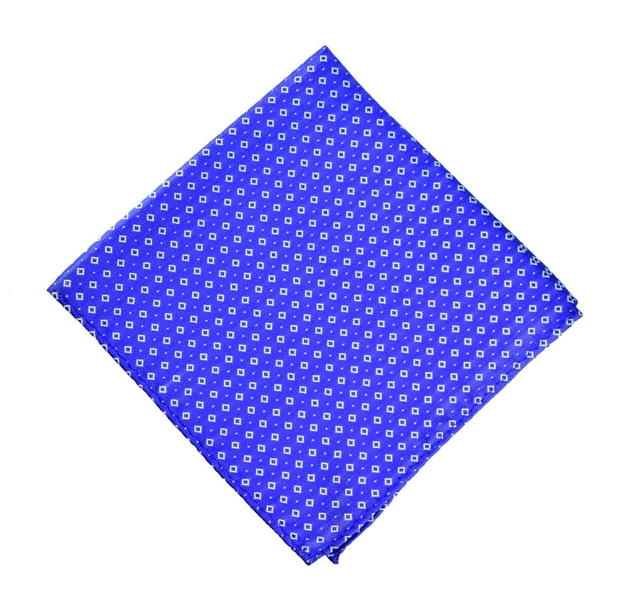 NEON-BLUE POCKET SQUARE MADE IN SILK, WHITE DIAMONDS PATTERNS, SATIN TEXTURE - TIESHOPROME