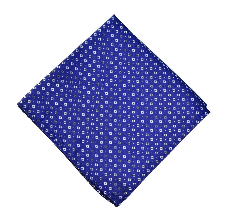 PARIS BLUE POCKET SQUARE MADE IN SILK, WHITE DIAMONDS PATTERNS, SATIN TEXTURE - TIESHOPROME