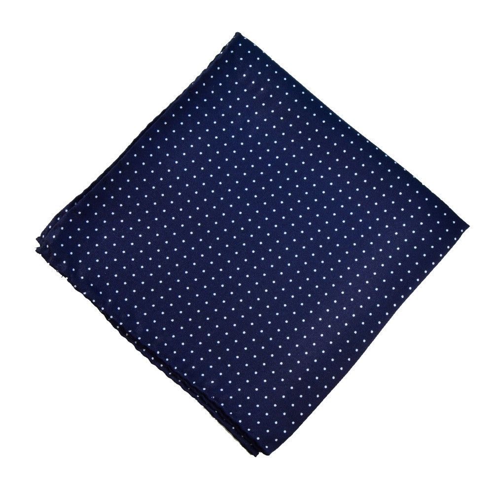 MIDNIGHT BLUE POCKET SQUARE MADE IN SILK, WHITE PIN-DOTS PATTERNS, TWILL TEXTURE - TIESHOPROME