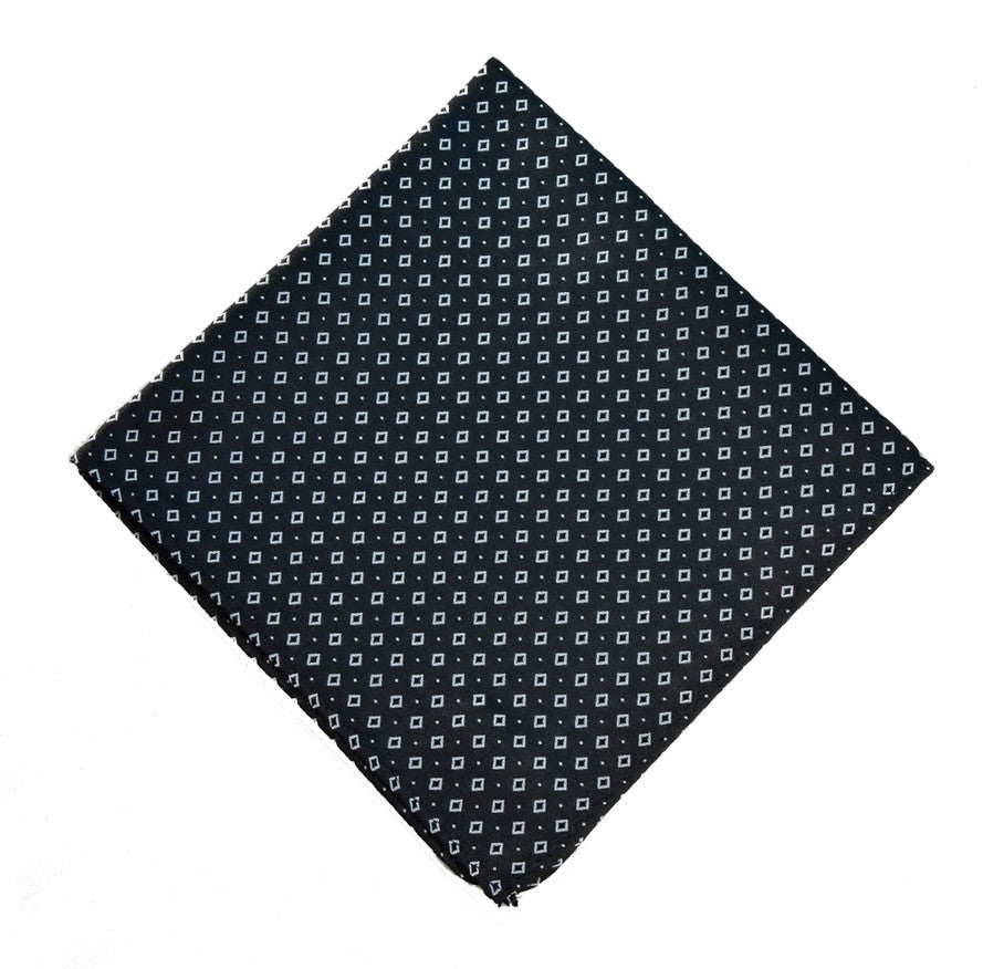 BLACK POCKET SQUARE MADE IN SILK, WHITE DIAMONDS PATTERNS, SATIN TEXTURE - TIESHOPROME