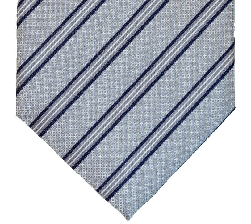 ECHO BLUE, MANATEE, MIDNIGHT EXPRESS BLUE AND WHITE STRIPES SEVEN FOLDS SILK LIMITED EDITION NECKTIE, REGIMENTAL, NAILS-HEAD FABRIC WEAVE THUMB