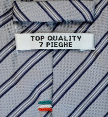ECHO BLUE, MANATEE, MIDNIGHT EXPRESS BLUE AND WHITE STRIPES SEVEN FOLDS SILK LIMITED EDITION NECKTIE, REGIMENTAL, NAILS-HEAD FABRIC WEAVE DETAILS