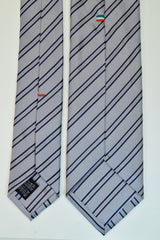 ECHO BLUE, MANATEE, MIDNIGHT EXPRESS BLUE AND WHITE STRIPES SEVEN FOLDS SILK LIMITED EDITION NECKTIE, REGIMENTAL, NAILS-HEAD FABRIC WEAVE