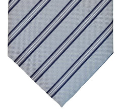 ECHO BLUE, MANATEE, MIDNIGHT EXPRESS BLUE AND WHITE STRIPES SEVEN FOLDS SILK LIMITED EDITION NECKTIE, REGIMENTAL, NAILS-HEAD FABRIC WEAVE THUMB