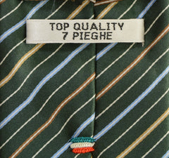 FELDGRAU GREEN, TWINE, POLO BLUE AND WHITE STRIPES SEVEN FOLDS SILK LIMITED EDITION NECKTIE, REGIMENTAL, TWILL WEAVE