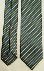 FELDGRAU GREEN, TWINE, POLO BLUE AND WHITE STRIPES SEVEN FOLDS SILK LIMITED EDITION NECKTIE, REGIMENTAL, TWILL WEAVE