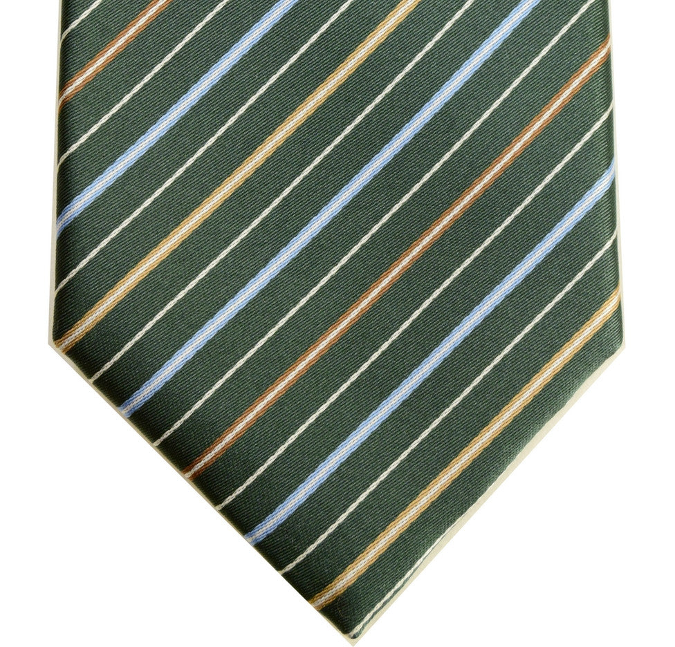 FELDGRAU GREEN, TWINE, POLO BLUE AND WHITE STRIPES SEVEN FOLDS SILK LIMITED EDITION NECKTIE, REGIMENTAL, TWILL WEAVE