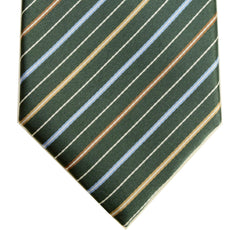 FELDGRAU GREEN, TWINE, POLO BLUE AND WHITE STRIPES SEVEN FOLDS SILK LIMITED EDITION NECKTIE, REGIMENTAL, TWILL WEAVE