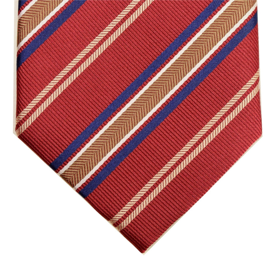 GUARDSMAN RED, KOAMARU BLUE, DARK TAN AND WHITE STRIPES, SEVEN FOLDS SILK LIMITED EDITION NECKTIE, REGIMENTAL, RIBBED FABRIC WEAVE