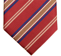 GUARDSMAN RED, KOAMARU BLUE, DARK TAN AND WHITE STRIPES, SEVEN FOLDS SILK LIMITED EDITION NECKTIE, REGIMENTAL, RIBBED FABRIC WEAVE