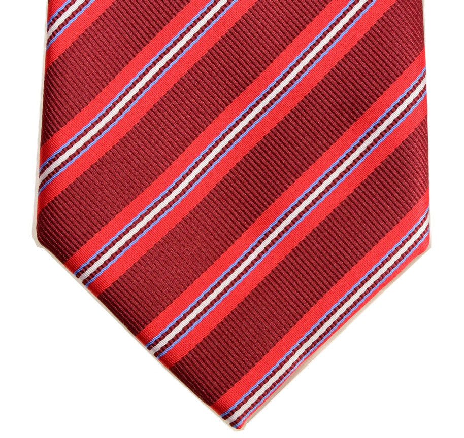 GUARDSMAN RED, RADICAL RED, CORNFLOWER BLUE AND WHITE STRIPES, SEVEN FOLDS SILK LIMITED EDITION NECKTIE, REGIMENTAL, RIBBED FABRIC WEAVE