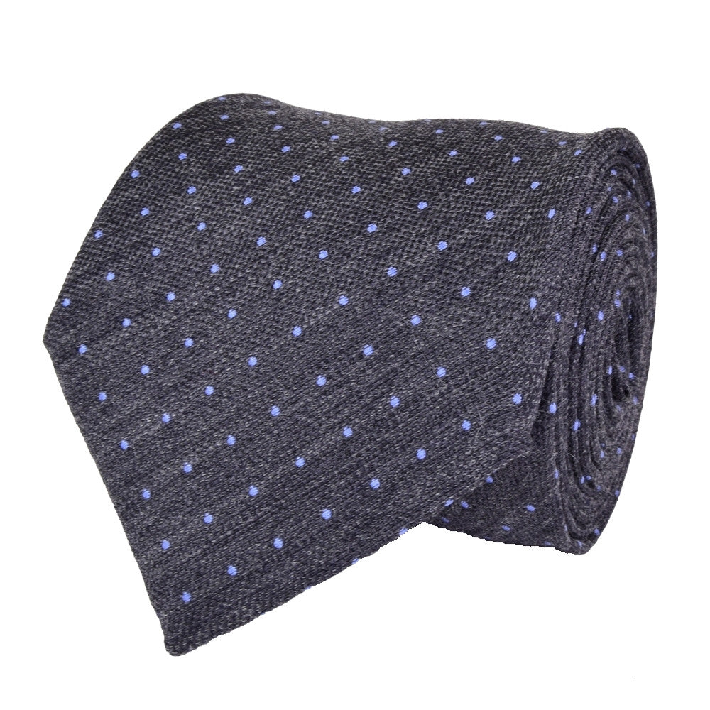 GUNPOWDER-GREY, PERANO-BLUE, PIN-DOTS WOOL LIMITED EDITION NECKTIE HANDMADE IN ITALY - CRAVATTA IN LANA GRIGIO POLVERE DA SPARO E BLU CIELO A POIS, FABRICATA A MANO IN ITALIA EDIZIONE LIMITATA- TIESHOPROME