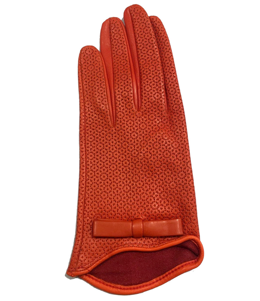 LIMITED EDITION, PERFORATED WOMEN OLD ROSE LEATHER GLOVES WITH BOWS, SILK LINER, MADE IN ITALY- TIE SHOP ROME  THUMB