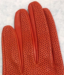 LIMITED EDITION, PERFORATED WOMEN OLD ROSE LEATHER GLOVES WITH BOWS, SILK LINER, MADE IN ITALY- TIE SHOP ROME  FINGERS