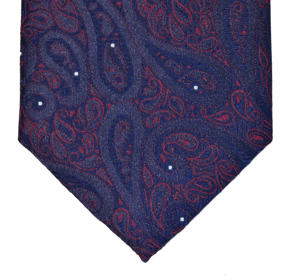 LUCKY POINT BLUE, POMPADOUR RED AND GREY, SEVEN FOLDS SILK LIMITED EDITION NECKTIE, PAISLEY MOTIFS, JACQUARD FABRIC WEAVE  -TIE SHOP ROME