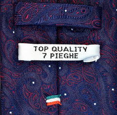 LUCKY POINT BLUE, POMPADOUR RED AND GREY, SEVEN FOLDS SILK LIMITED EDITION NECKTIE, PAISLEY MOTIFS, JACQUARD FABRIC WEAVE  -TIE SHOP ROME