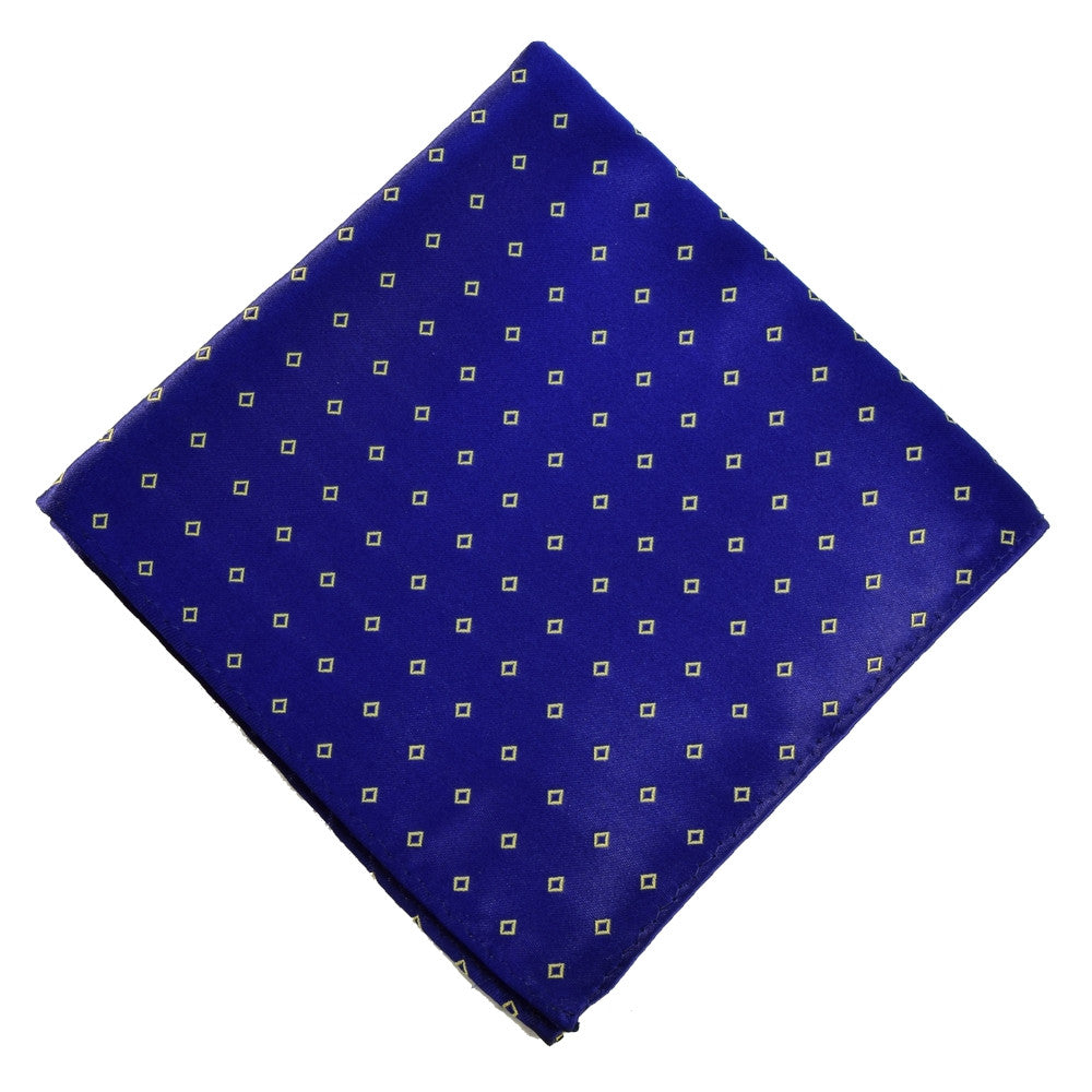 MIDNIGHT BLUE POCKET SQUARE MADE IN SILK, WHITE GOLDEN DIAMONDS PATTERNS, SATIN TEXTURE - TIESHOPROME